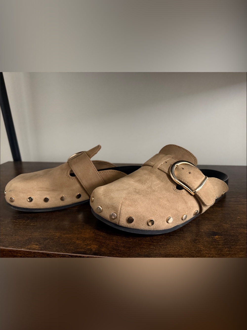 American Eagle Tan Suede Buckle Clog Mules with Stud Details